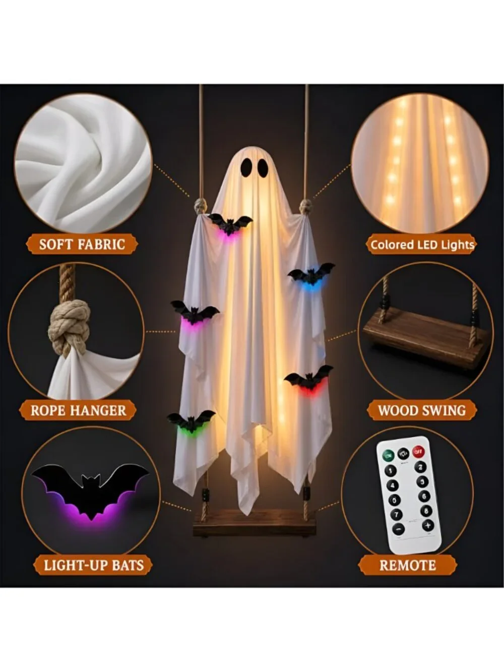 5FT Halloween Hanging Swing Ghost Decorations Outdoor with Lights, Large